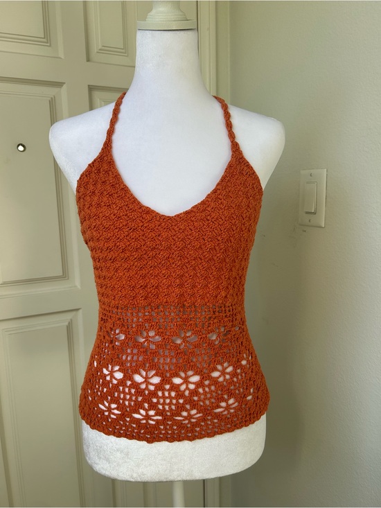 Tops - Y2K Burnt Orange Crochet Halter Top Boho Festival